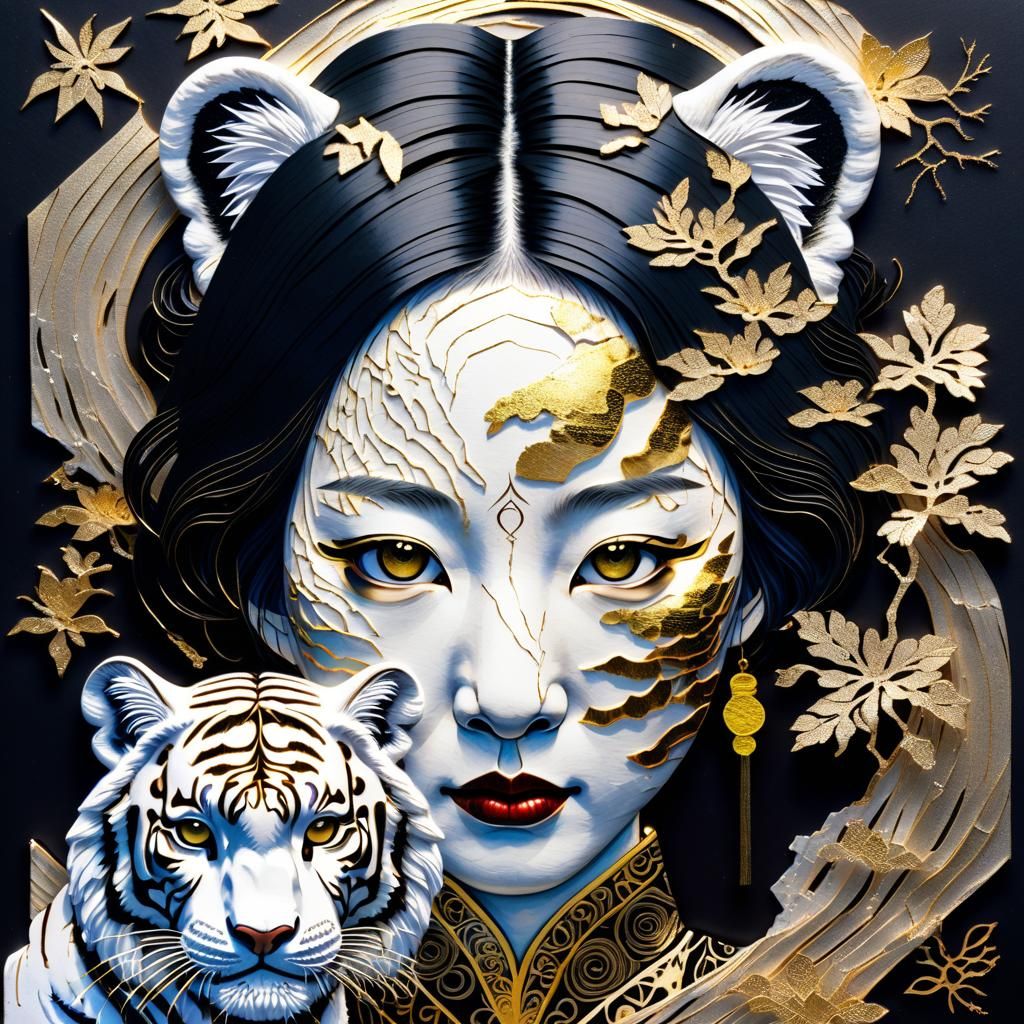 A hyperdetailed, hyperrealistic 3D image set against a dark background, an Asian woman and her kintsugi ...  by @Missysmom