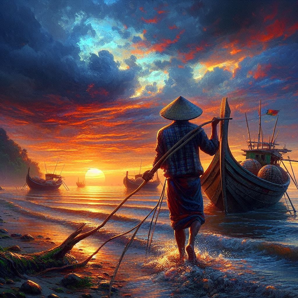 Fisherman pulling his Boat on the Shore of the Brahmaputra-B...