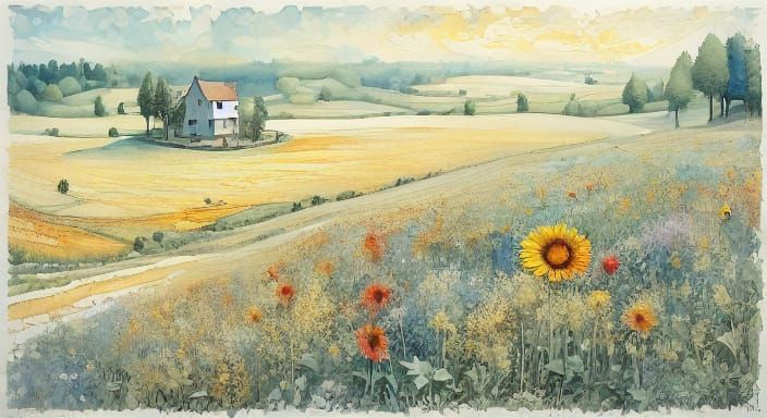 Whimsical Village Landscape in Dreamy Watercolor Style