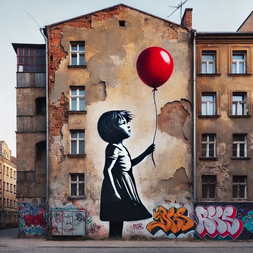 Girl with a Red Balloon in a Style Similar to Banksy. DALL-E...