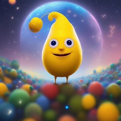 Closeup of an adorable dancing lemon wearing a hat, surrounded by stars ...