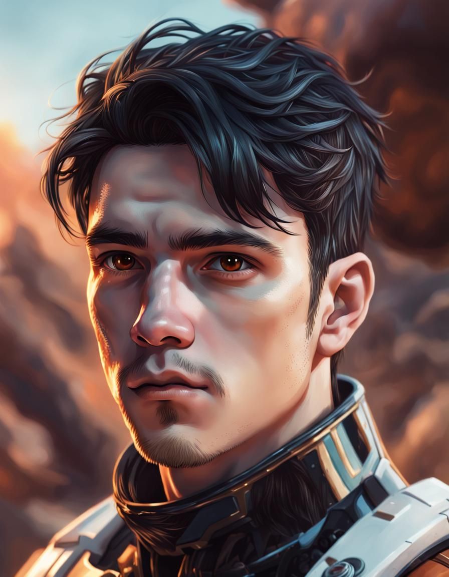 A portrait of male scifi marine with black hair, white skin, brown eyes ...