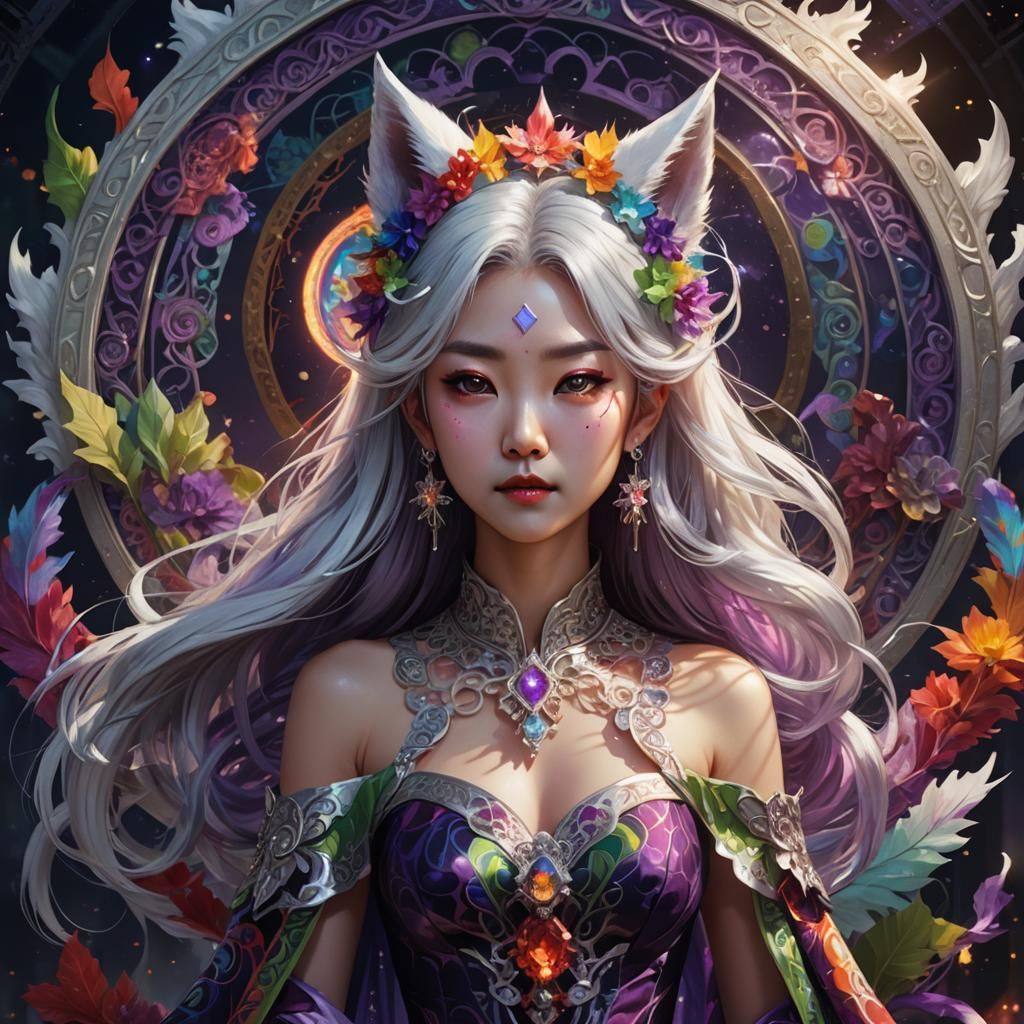 korean lady silver hair rainbow dress rainbow crystals white...