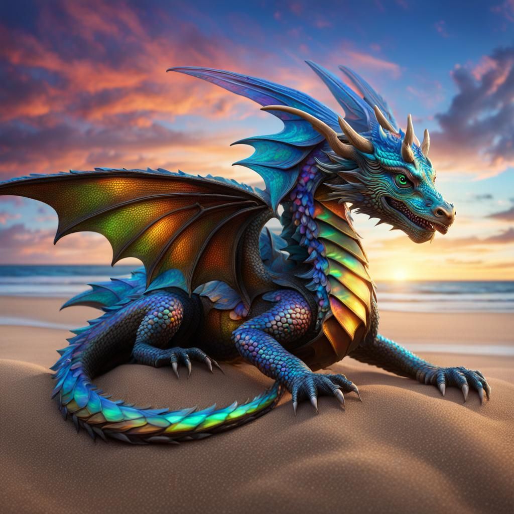 A Baby Iridescent Harlequin Opal Dragon with wings relaxing ...