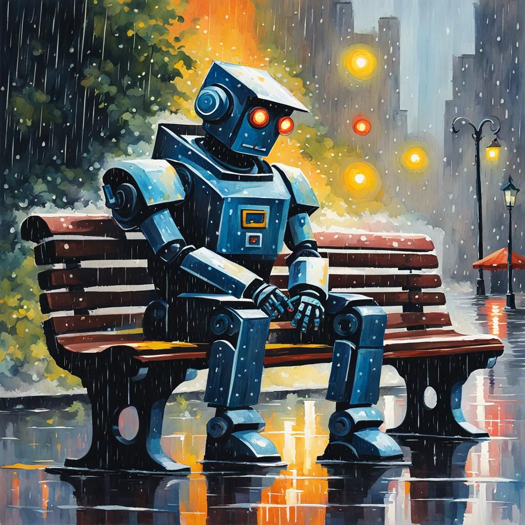 Sad Robot sitting on a bench during a heavy rain storm  by @Negativ G