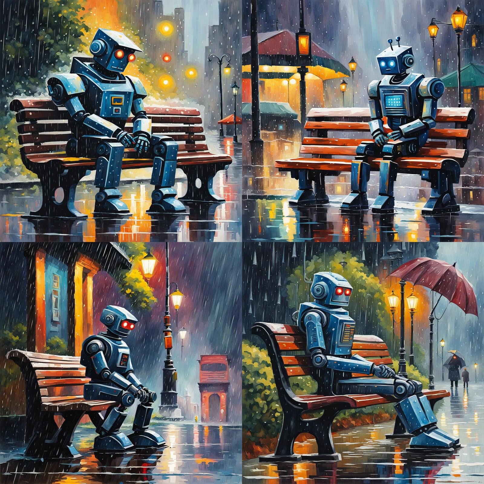 Sad Robot sitting on a bench during a heavy rain storm