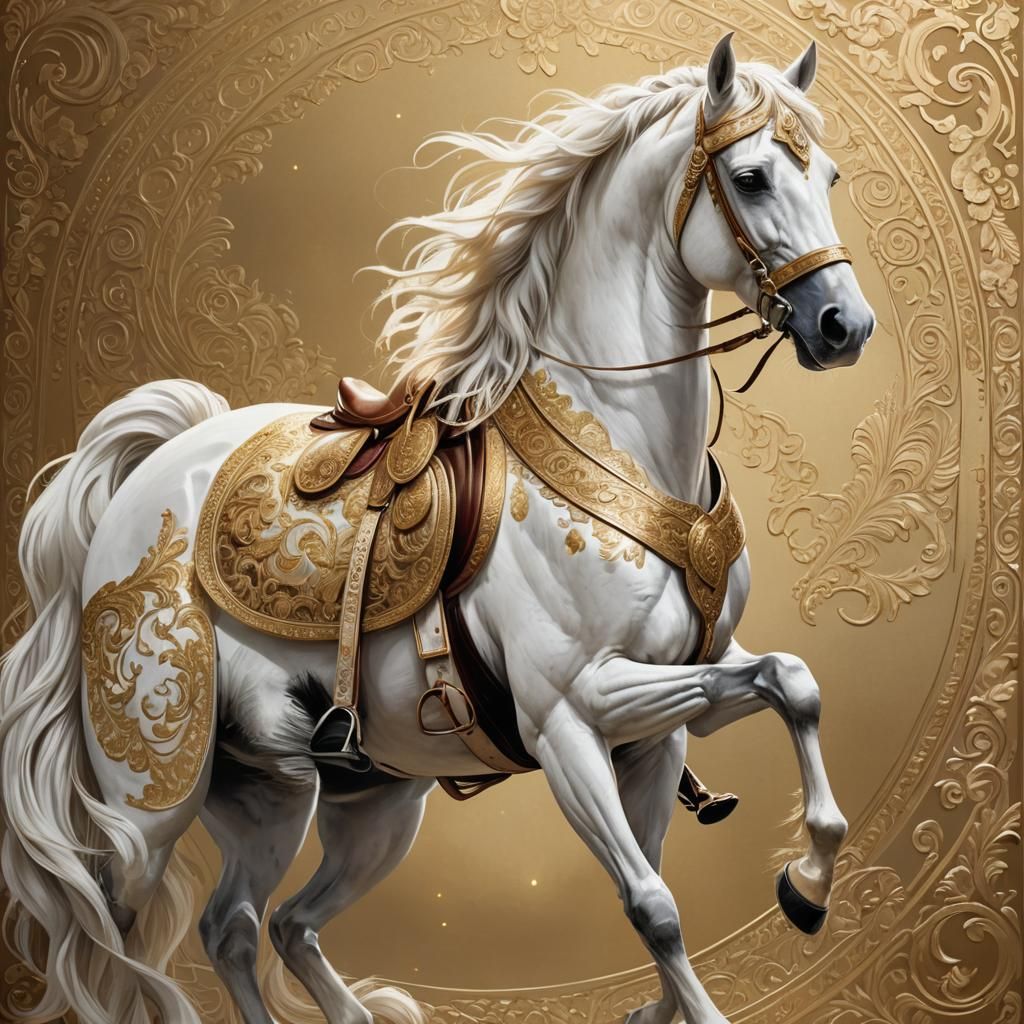 White Horse with Golden Belt in Traditional Attire