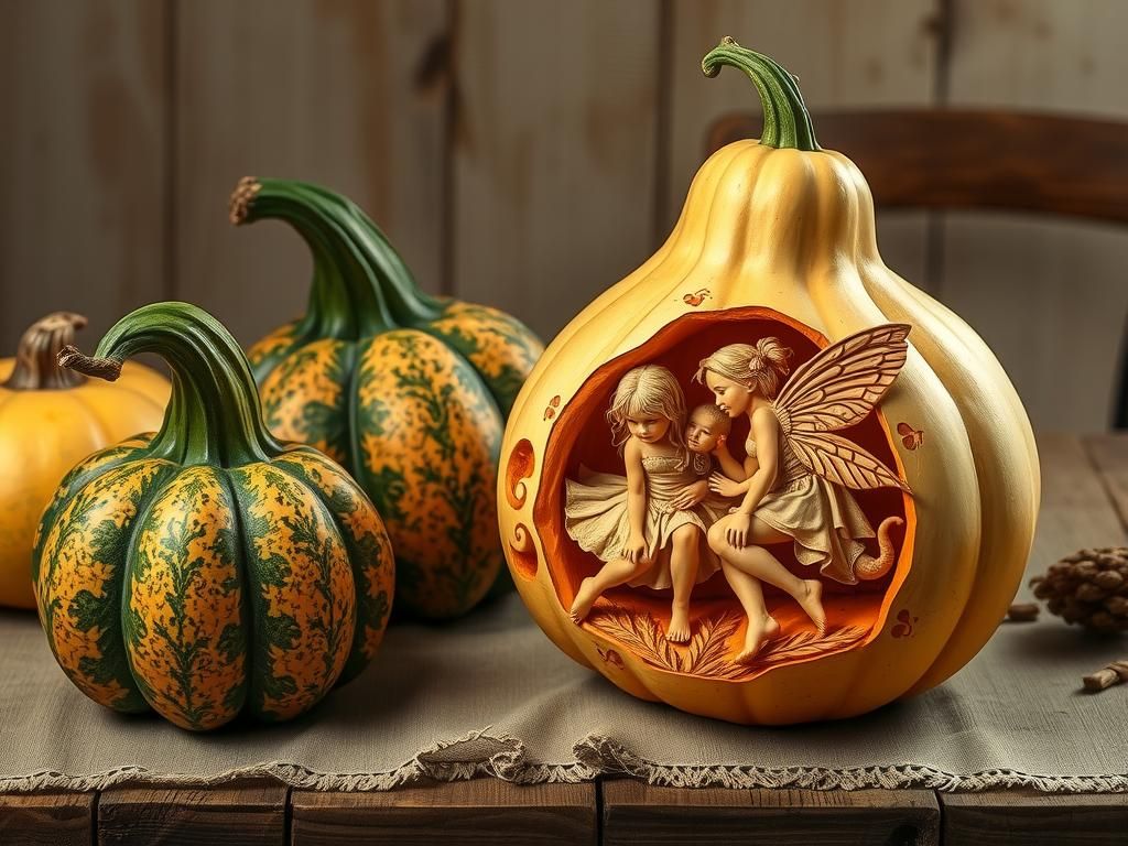 On a farm table. Some different gourds. One gourd bigger is carved with fairy fantasy characters. 
Realistic ...  by @Bohu Tohu