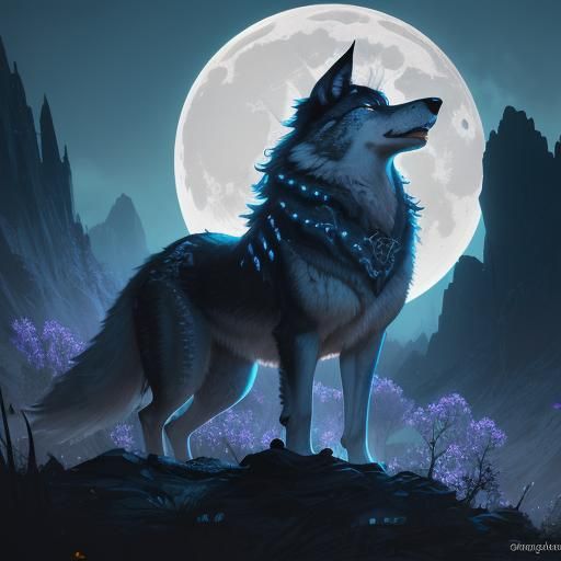 Blue light, spectal transparent Wild Wolf, night , moon, Blu...