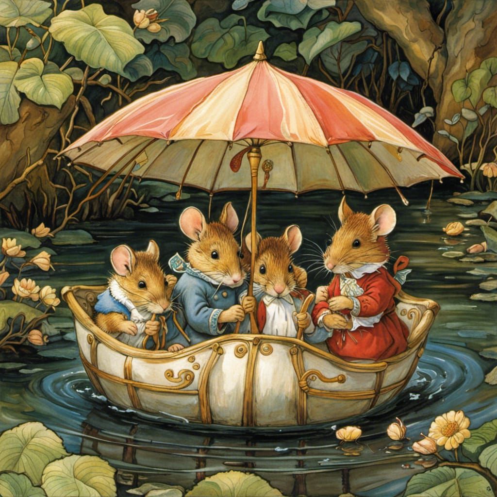 The umbrella floats on the water with a cute family of mice sitting in it. Brambly Hedge, by Jill Barklem ...  by @Tina auf der Blumenwiese