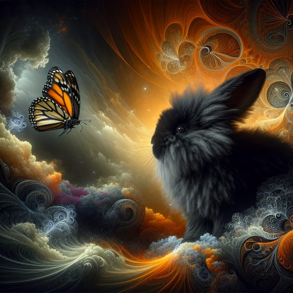 The black, soft, fluffy haired bunny was captivated by a mon...