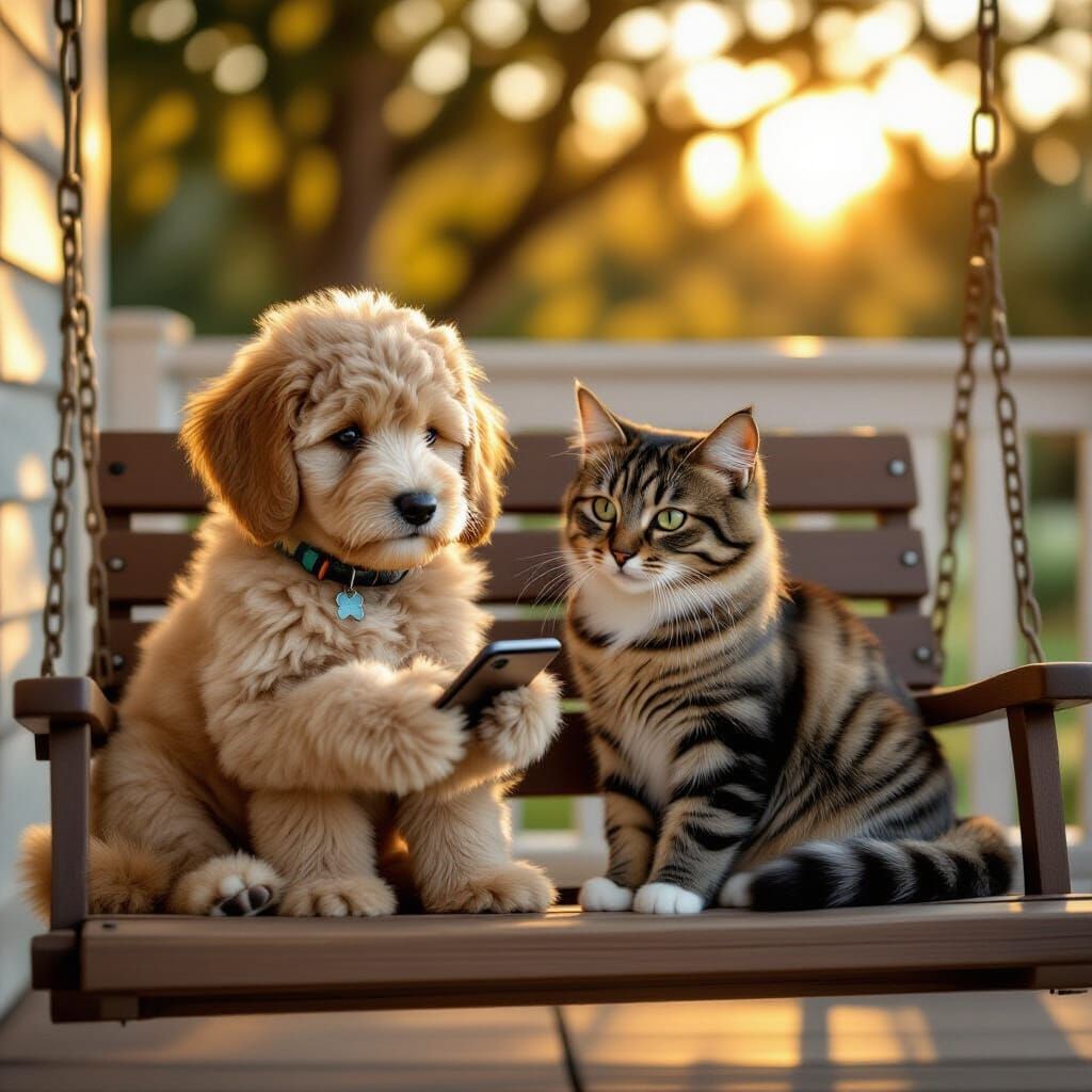 A Goldendoodle playing on a phone  - Start Image 1