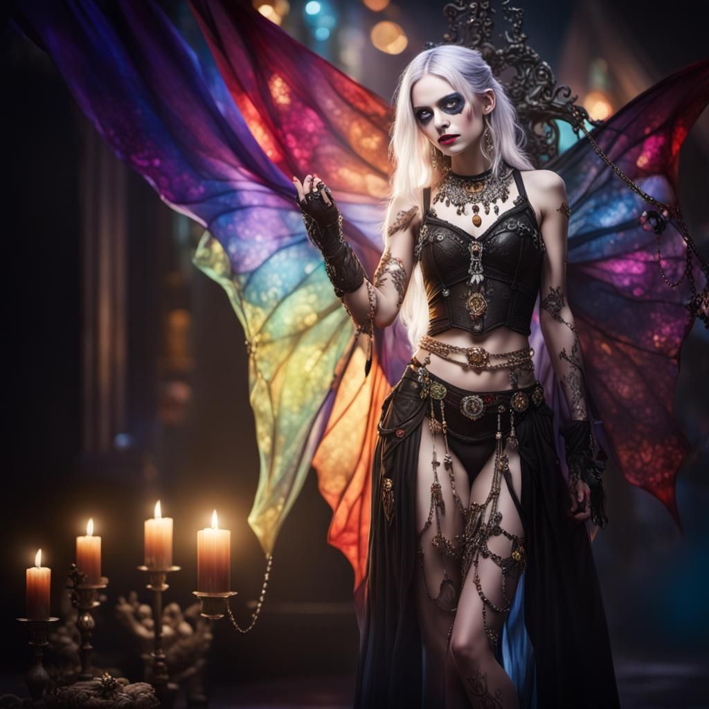 a gothic lady with jewellery,transparent bra ,full body phot...