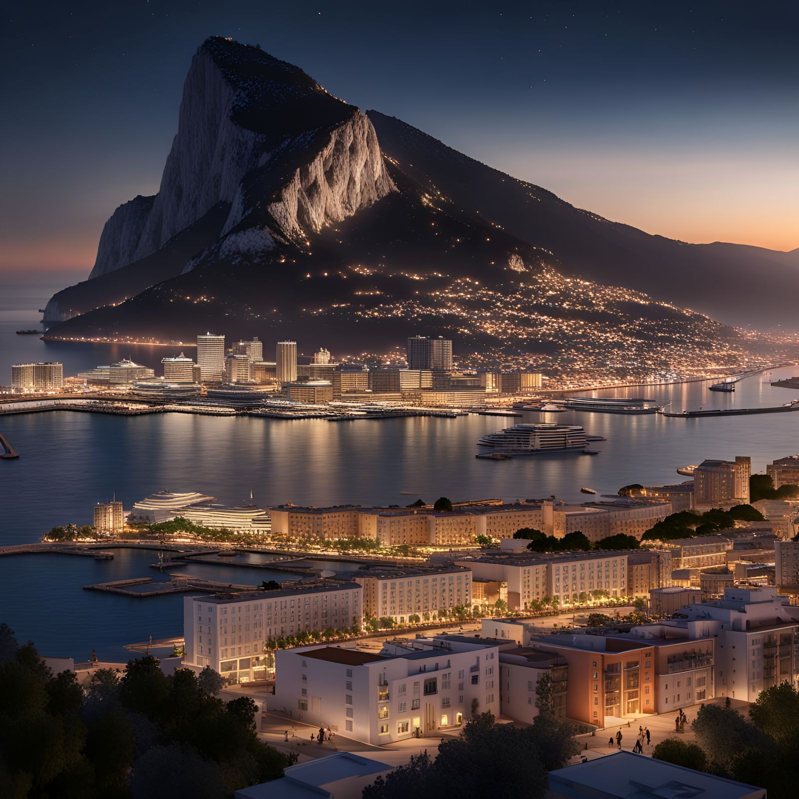 Render a night-time scene of Gibraltar, highlighting the gen...