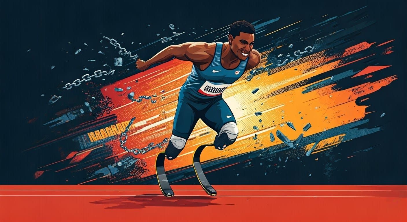 A colorful, pop-art style piece symbolizing the breaking of barriers in Paralympic sports.  by @aNta