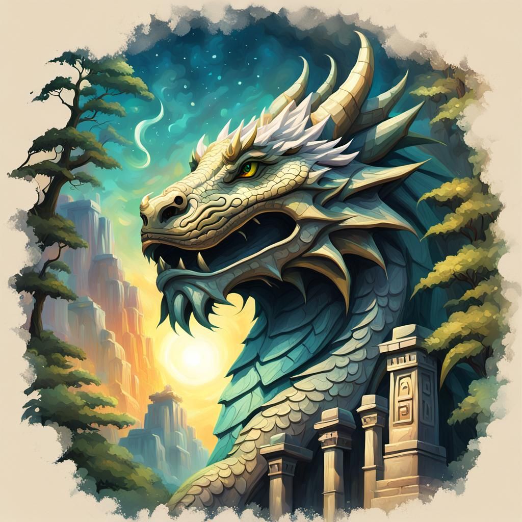 Majestic Dragon on Ancient Temple: Oil Painting