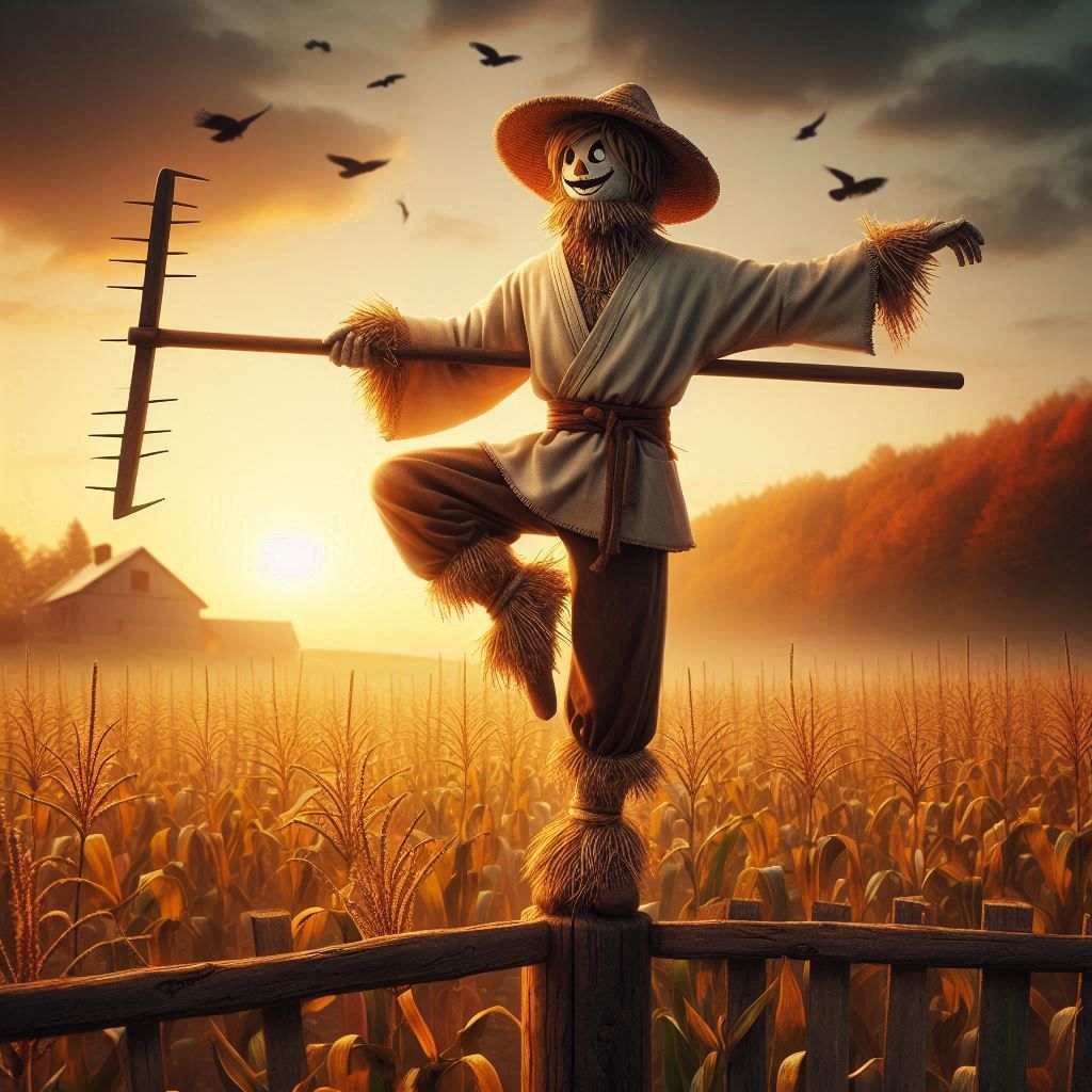Scarecrow warrior balancing on fence with rake weapon