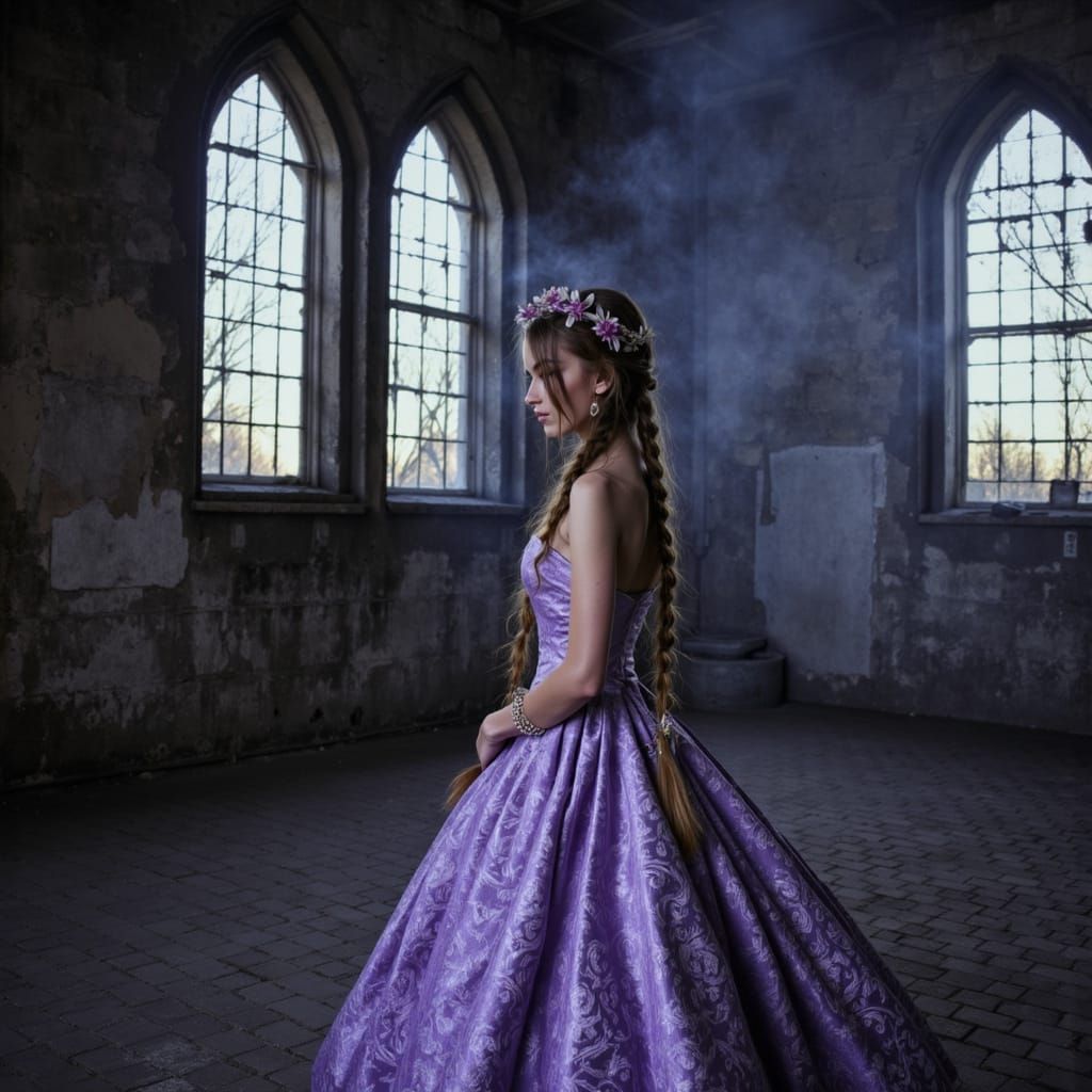 Imagine a captivating portrait of a gothic princess with long, braided hair adorned with flowers and pearls, dressed in an exquisite light v...