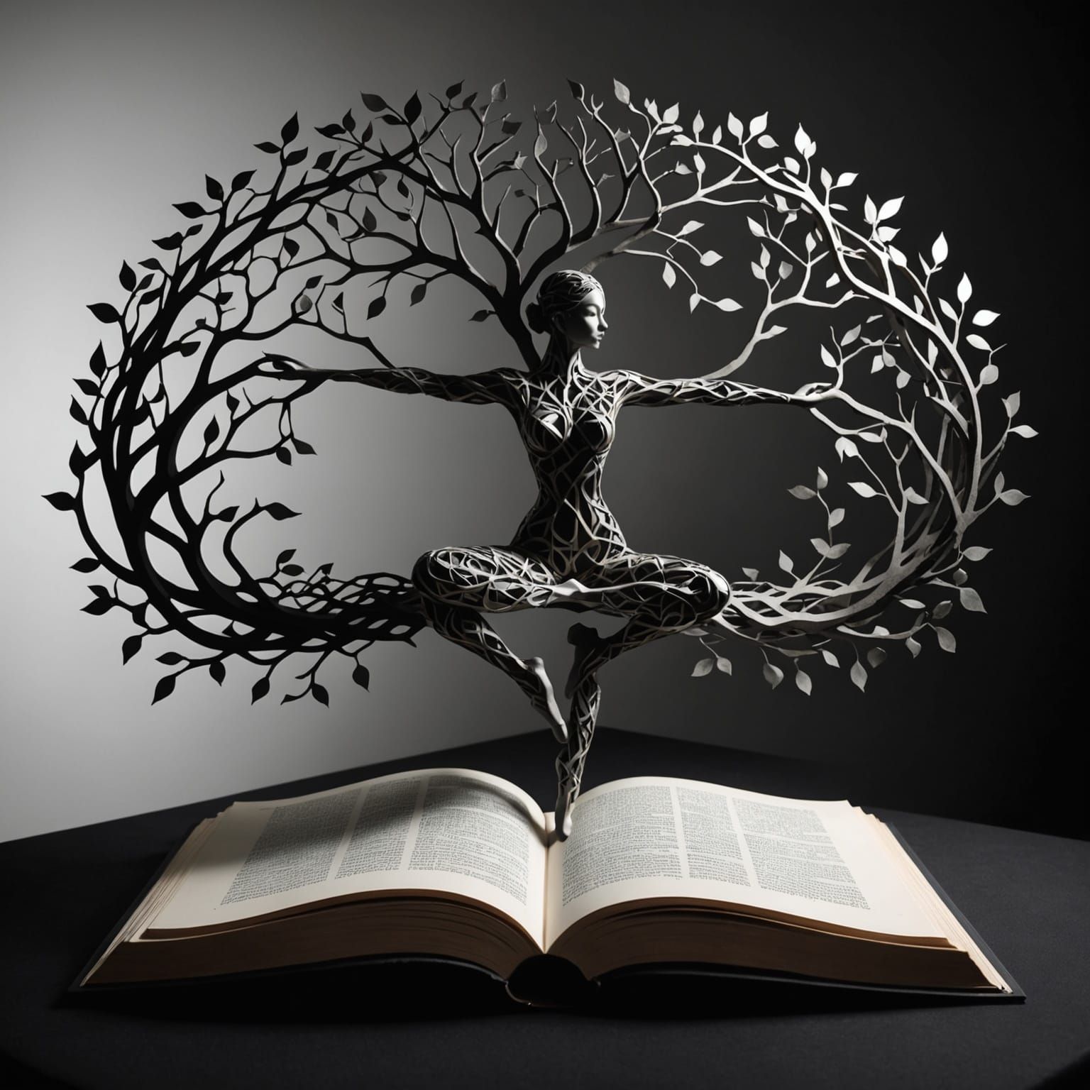 Surrealist open book sculpture topped with an intricately designed yoga pose, branches of wisdom intimately intertwined with the art of pape...