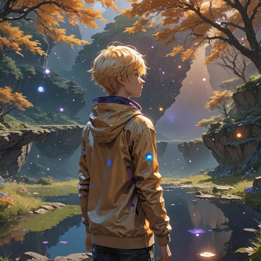 Blonde Boy Gazing at Colorful Space, Anime Art