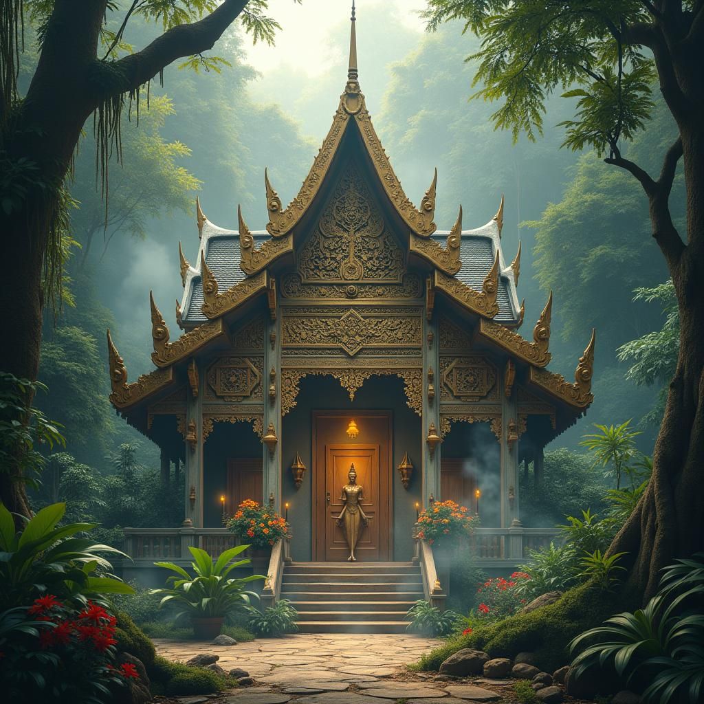 Mystical Thai Temple in Lush Jungle, Digital Art