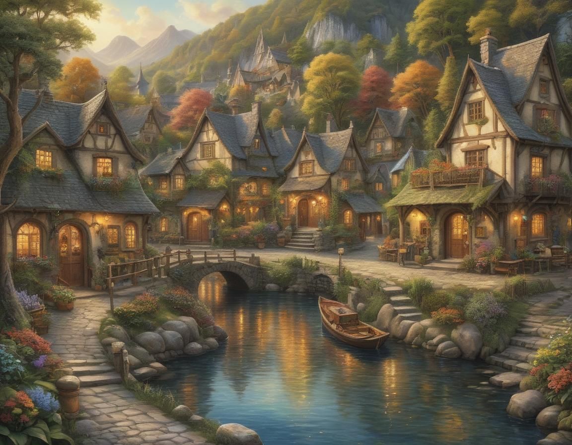 Charming Lakeside Village in Storybook Illustration Style