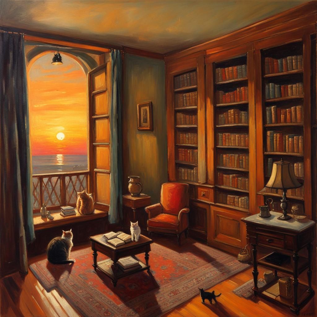 a cosy apartment in traditional style, bookcases, rugs, lamp...