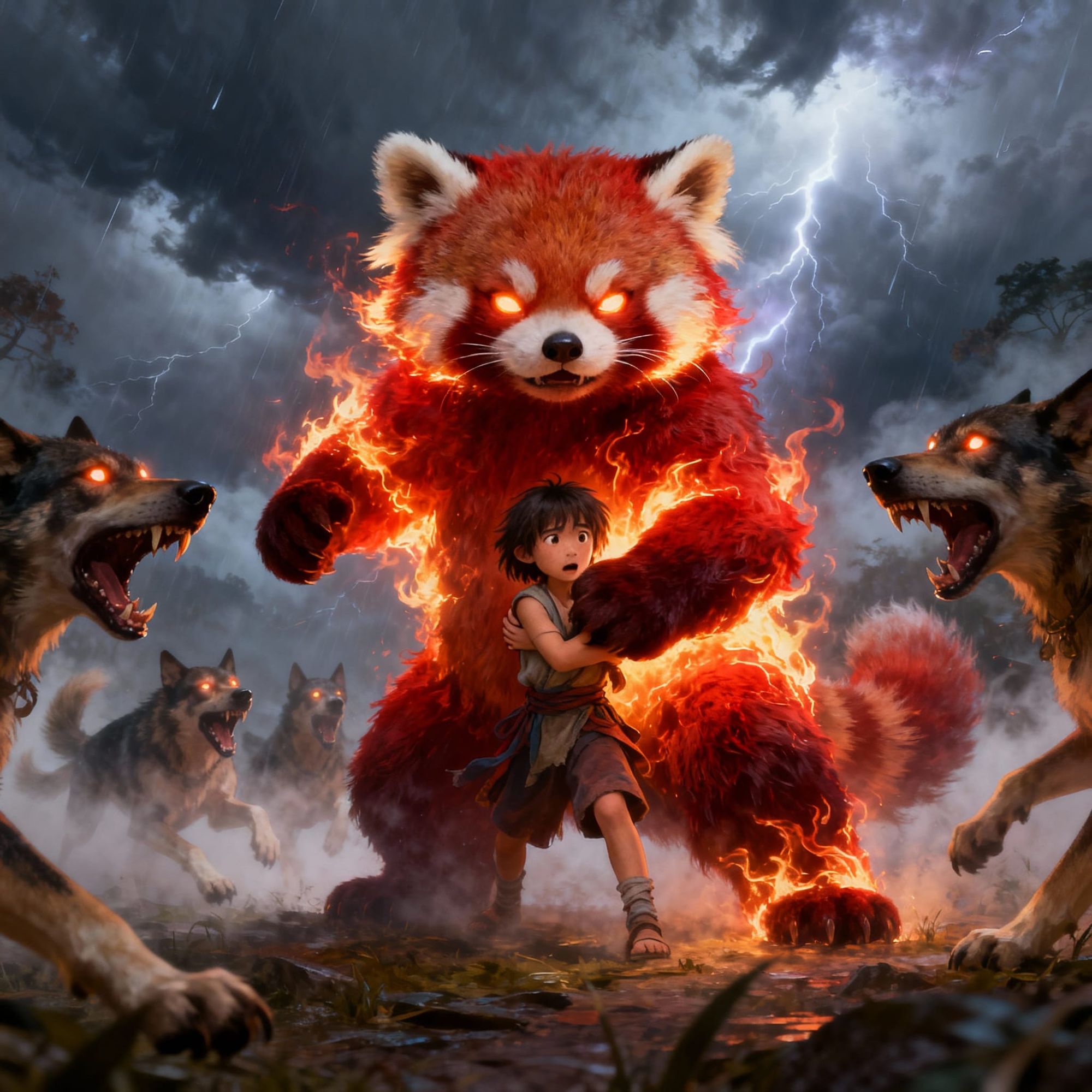 A dramatic fantasy illustration of a brave red panda standing protectively in front of a small human child, shielding them from a pack of sn...