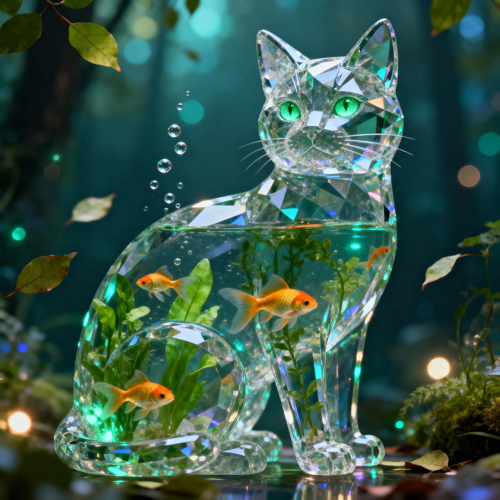 Crystal Cat Sculpture Aquarium with Swimming Goldfish