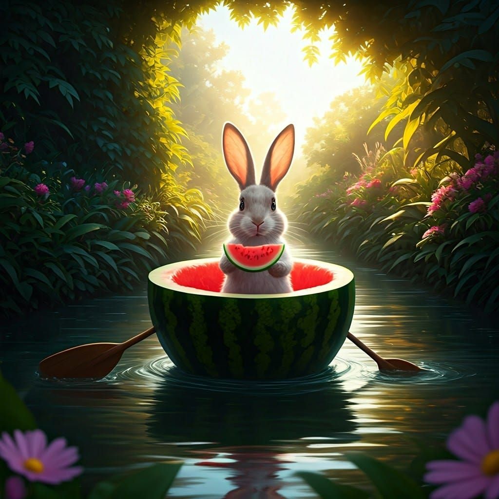 Surreal Watermelon Boat Admirer in a Lush Paradise
