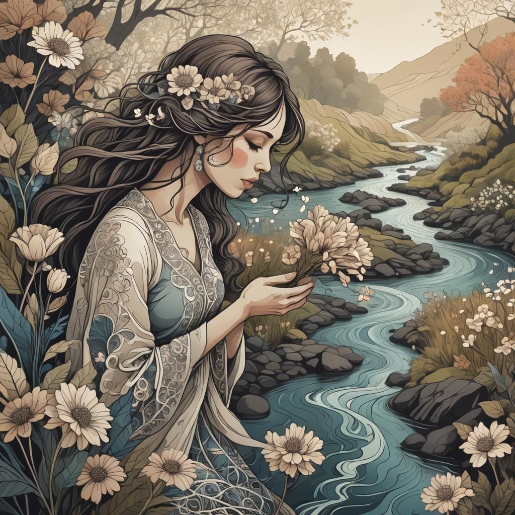 Beautifully sad woman blowing flowers into the breeze next to a stream  by @Miss Elizabeth