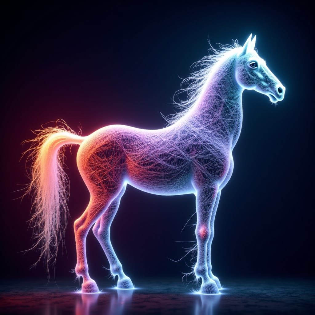 <lora:Glow:1.0> A glowing and shining horse made of luminescent strings. Computational string art by Petros Vrellis. Neon-lit digital art