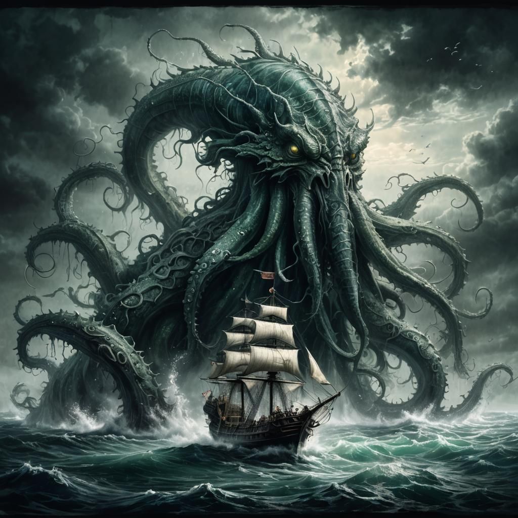 large blue green kraken creature under water, scary tentacles piercing the surface attacking a old medieval ...  by @Steven 