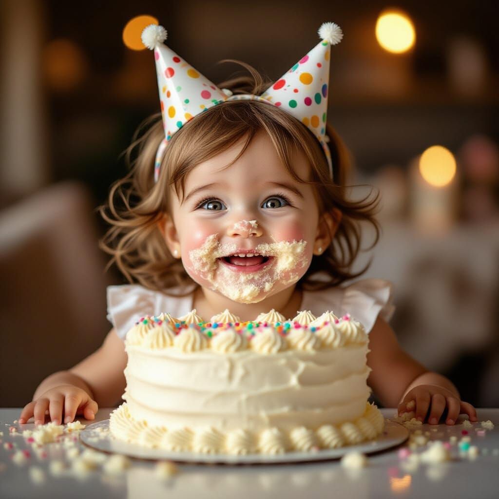 Joyful Toddler's Messy Birthday Cake Celebration