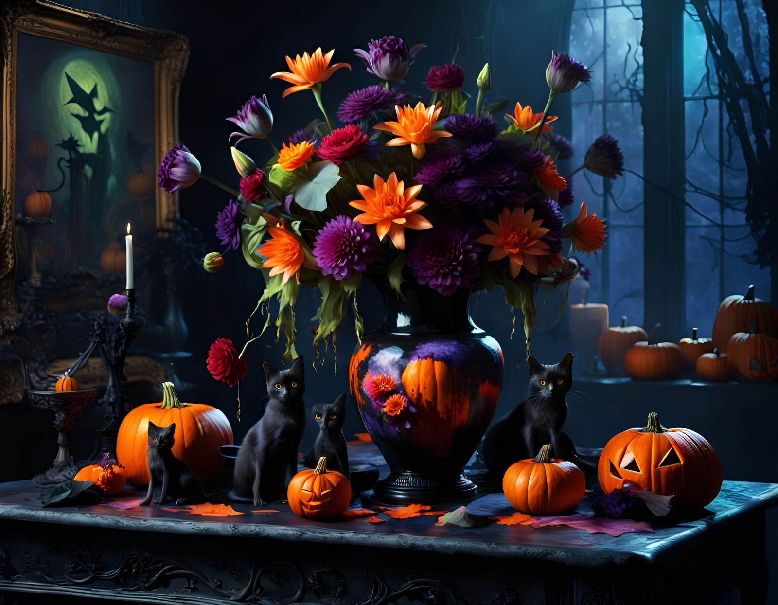 Vase brimming with brightly colored flowers set in a Hallowe...