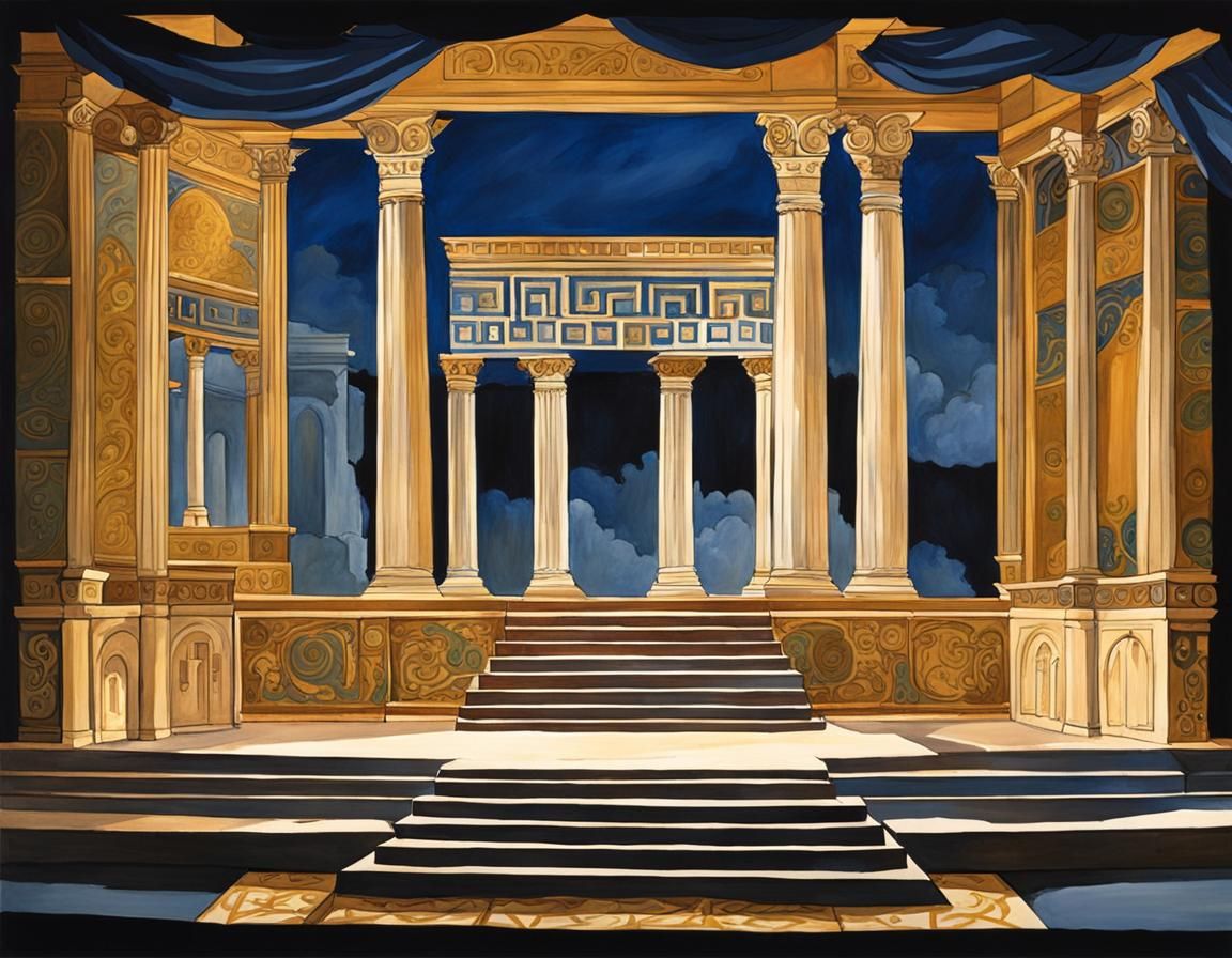 a stage set design for the play "electra" showing greek elem...