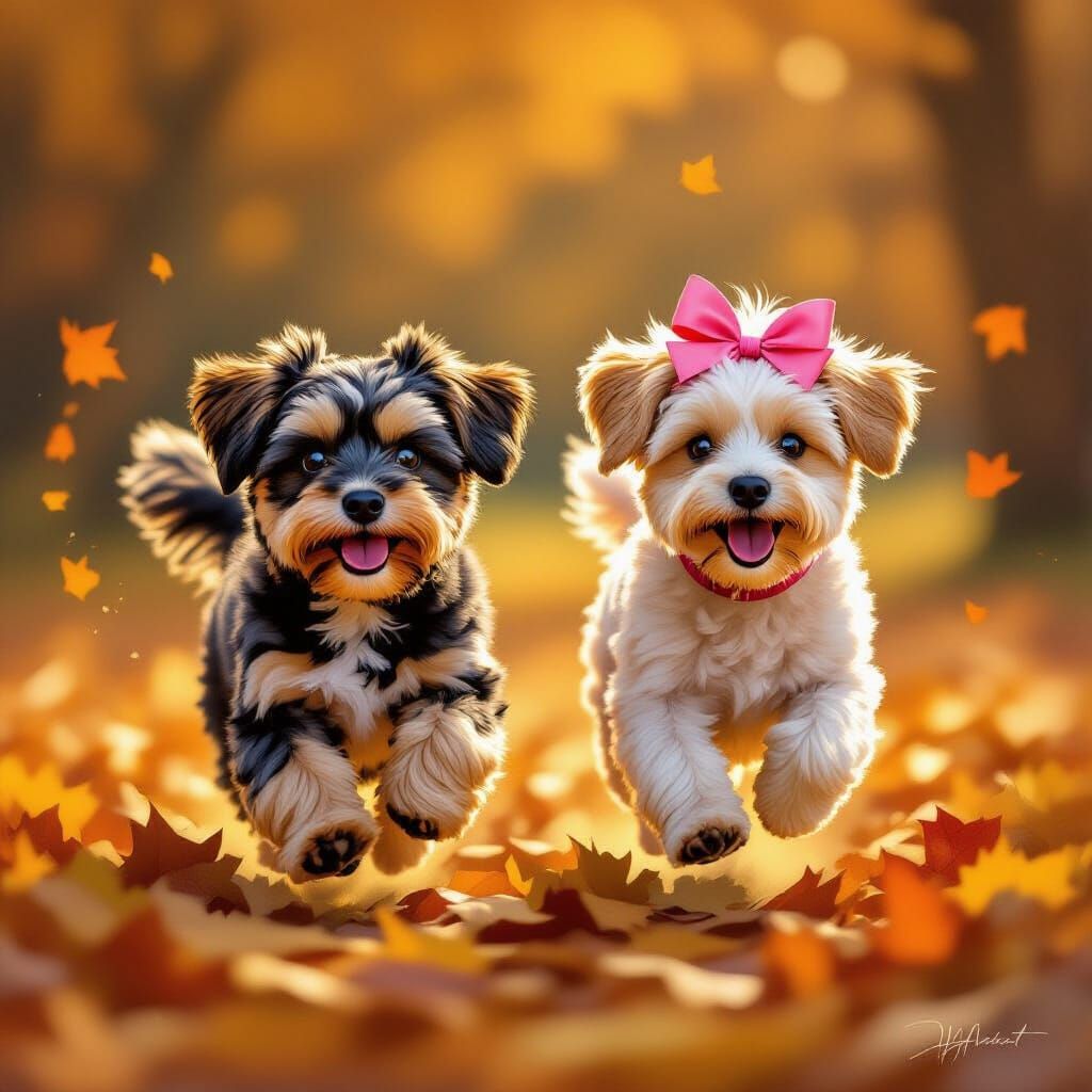 Golden Hour Autumn Scene: Dogs on Leaves, Impressionistic Oi...