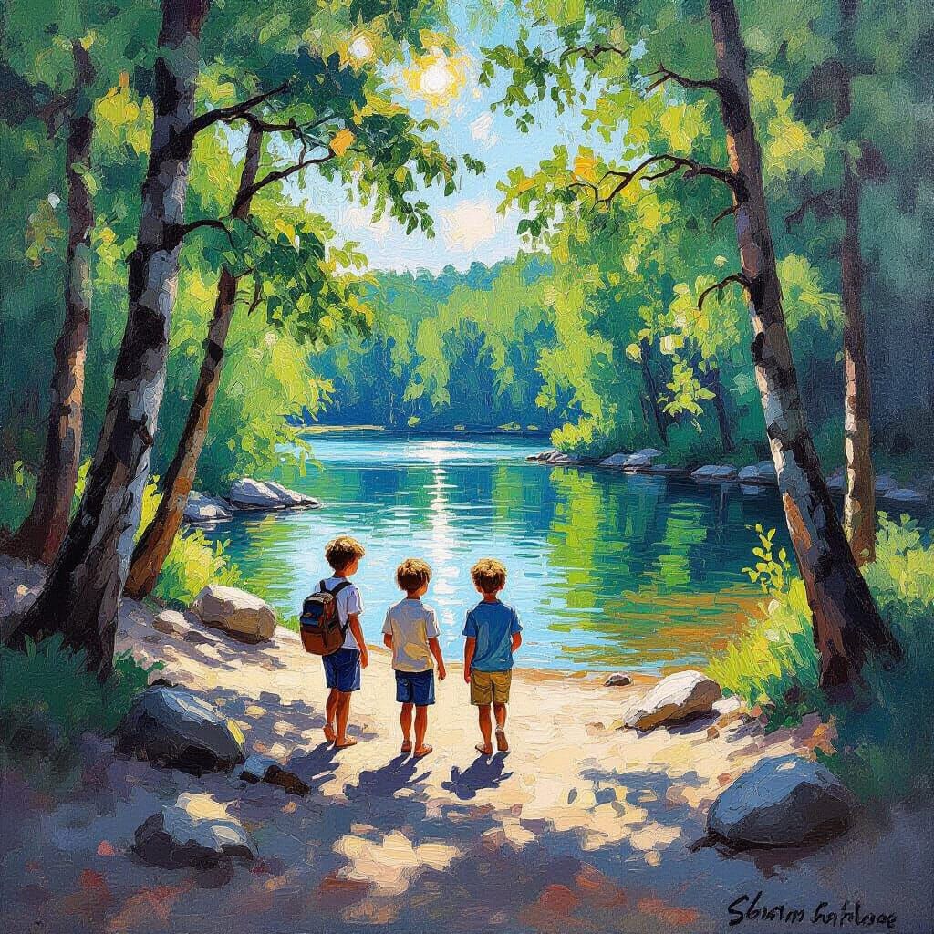 Boys' Summer Forest Trip in Vibrant Impressionist Style