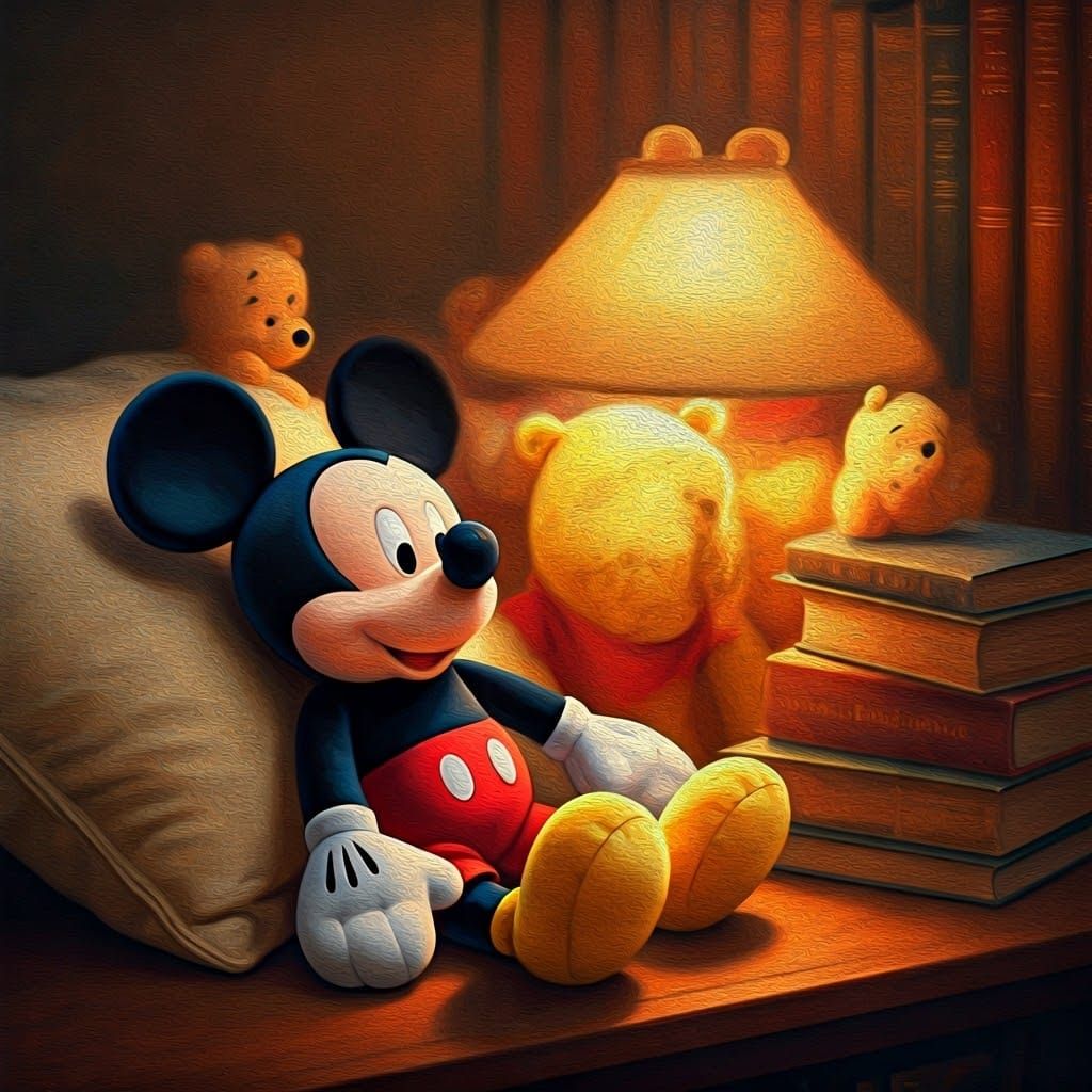 Cozy Library Scene with Mickey Mouse and Winnie the Pooh Plu...