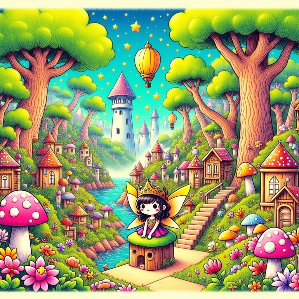 <lora:StoryFlux:1.0>cartoon , chibi fairy kingdom , fairy queen,  colorful forest town, line shaded