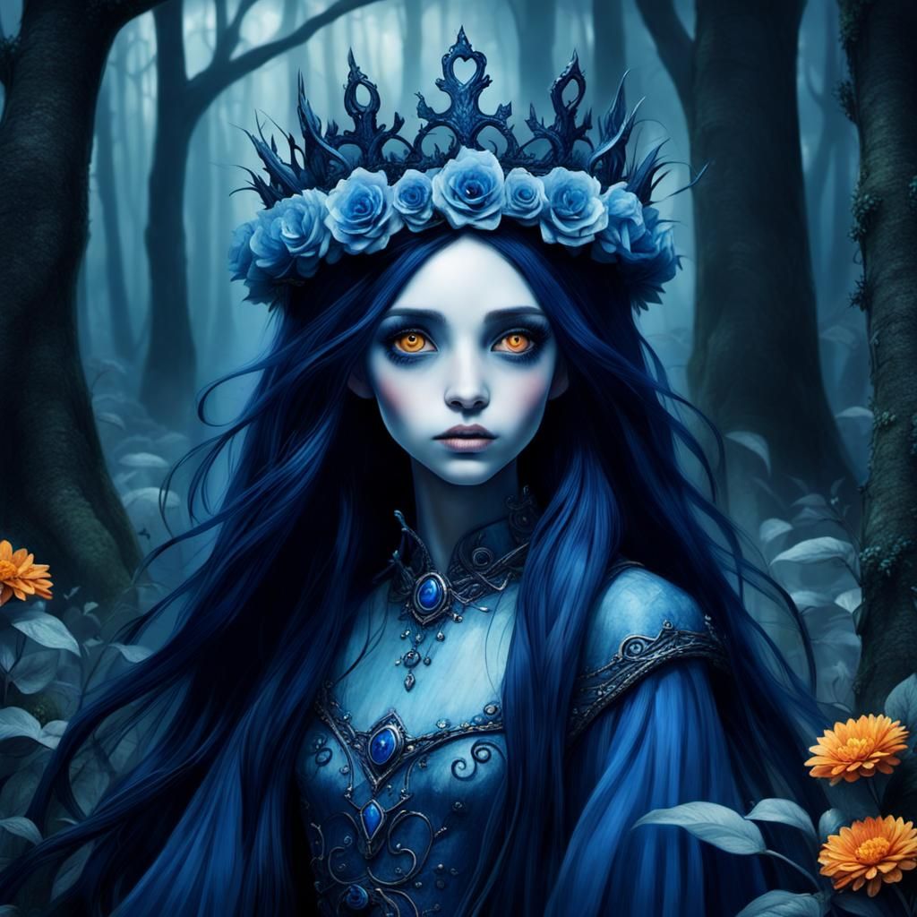 Blue princess in the woods, orange eyes, blue skin, dark blue straight ...