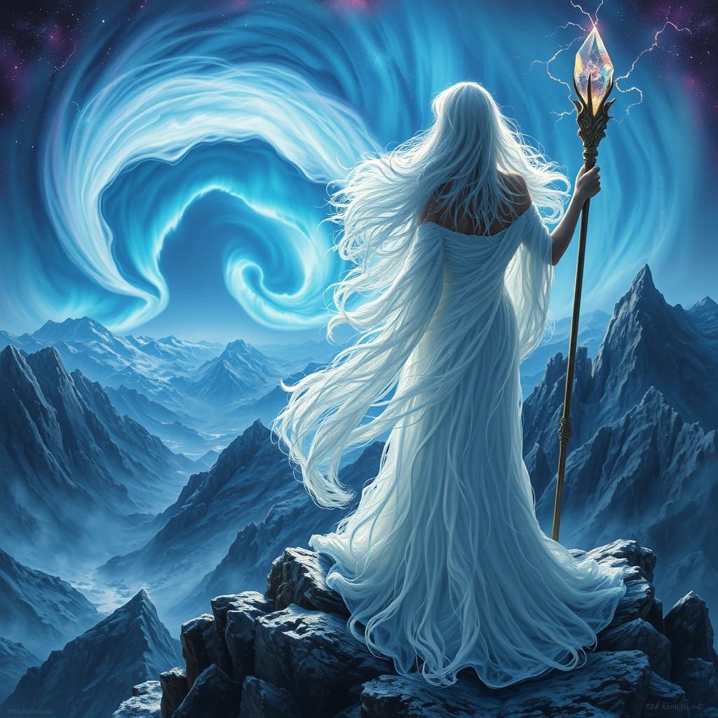 A mysterious sorceress with long white hair stands atop a windswept mountain peak, gazing at the aurora ...  by @Izzy B