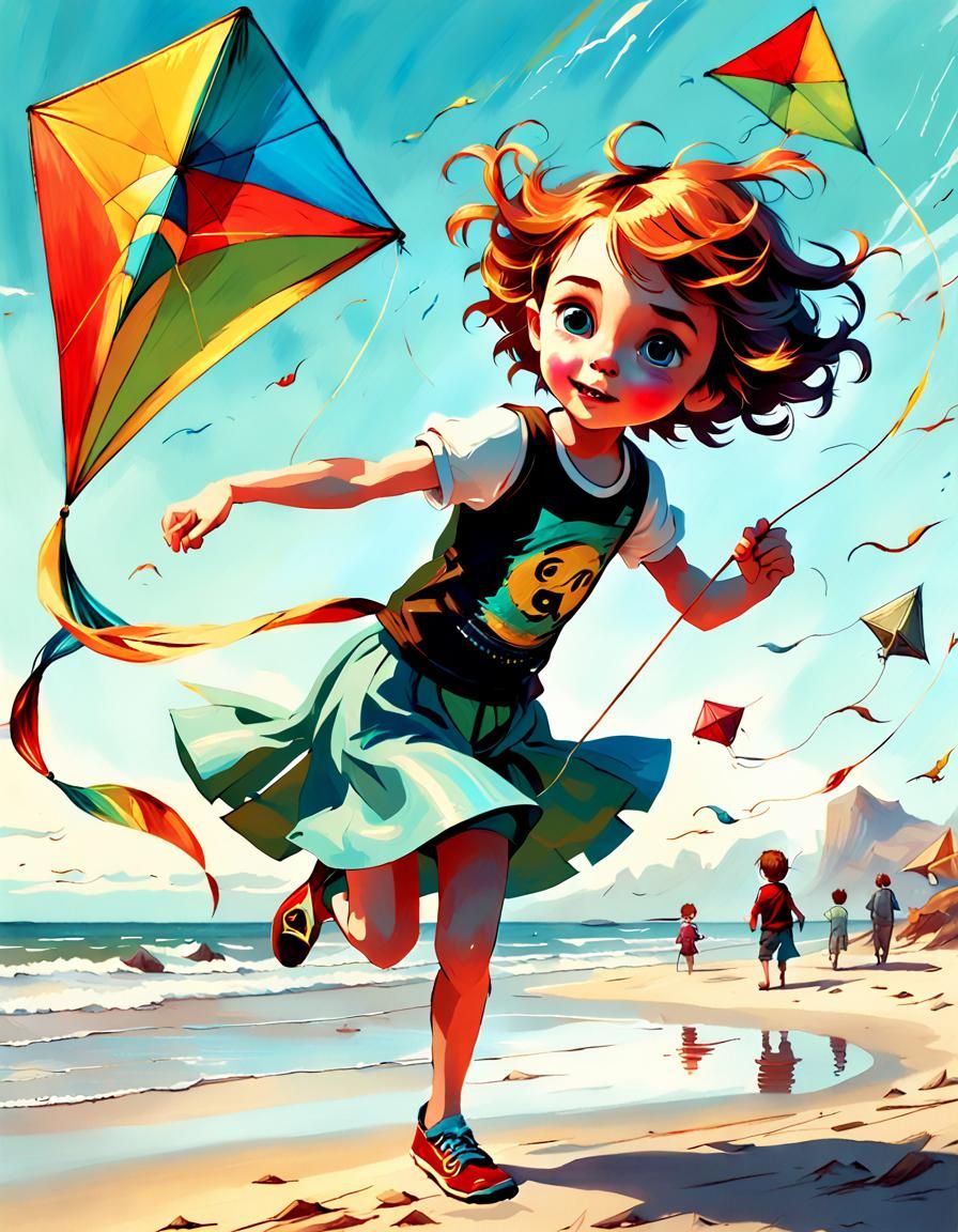 child happy to play with a large colored kite with a long ta...