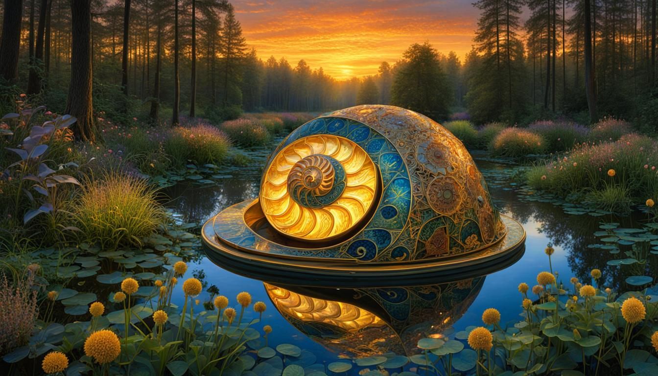 sacred geometry, nautilus, mechanical shiny reflective nauti...