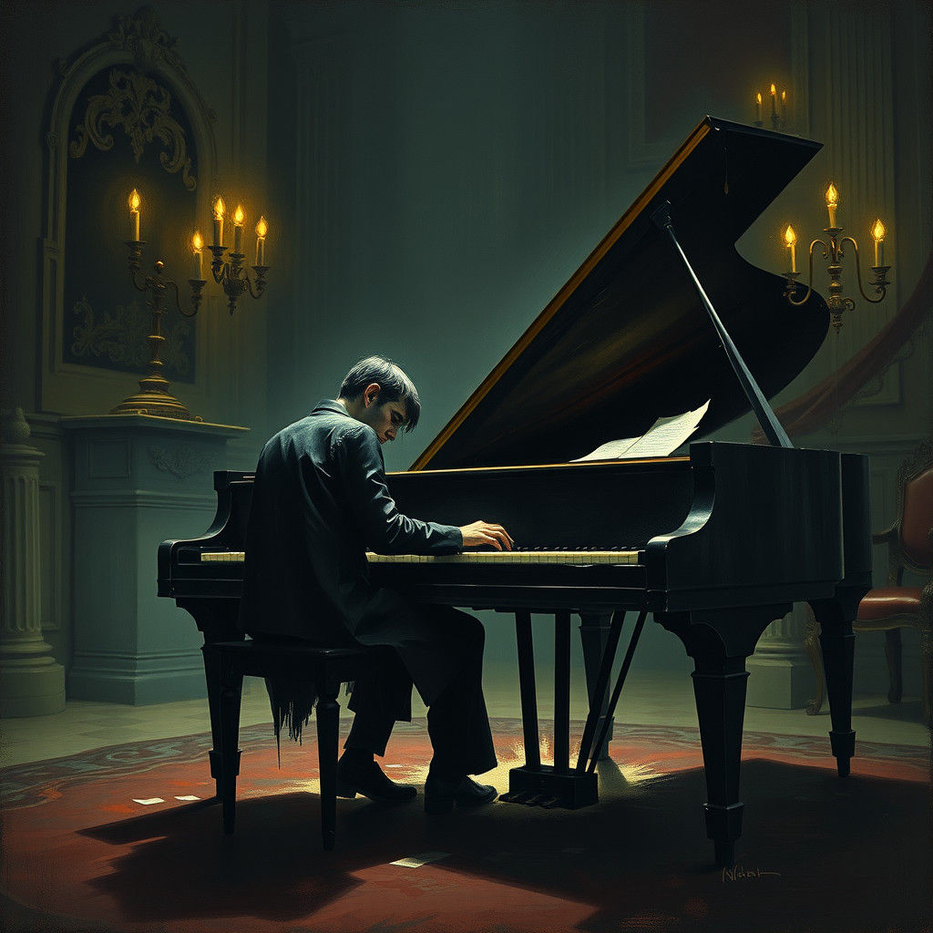 Melancholic Figure at Piano in Baroque Setting