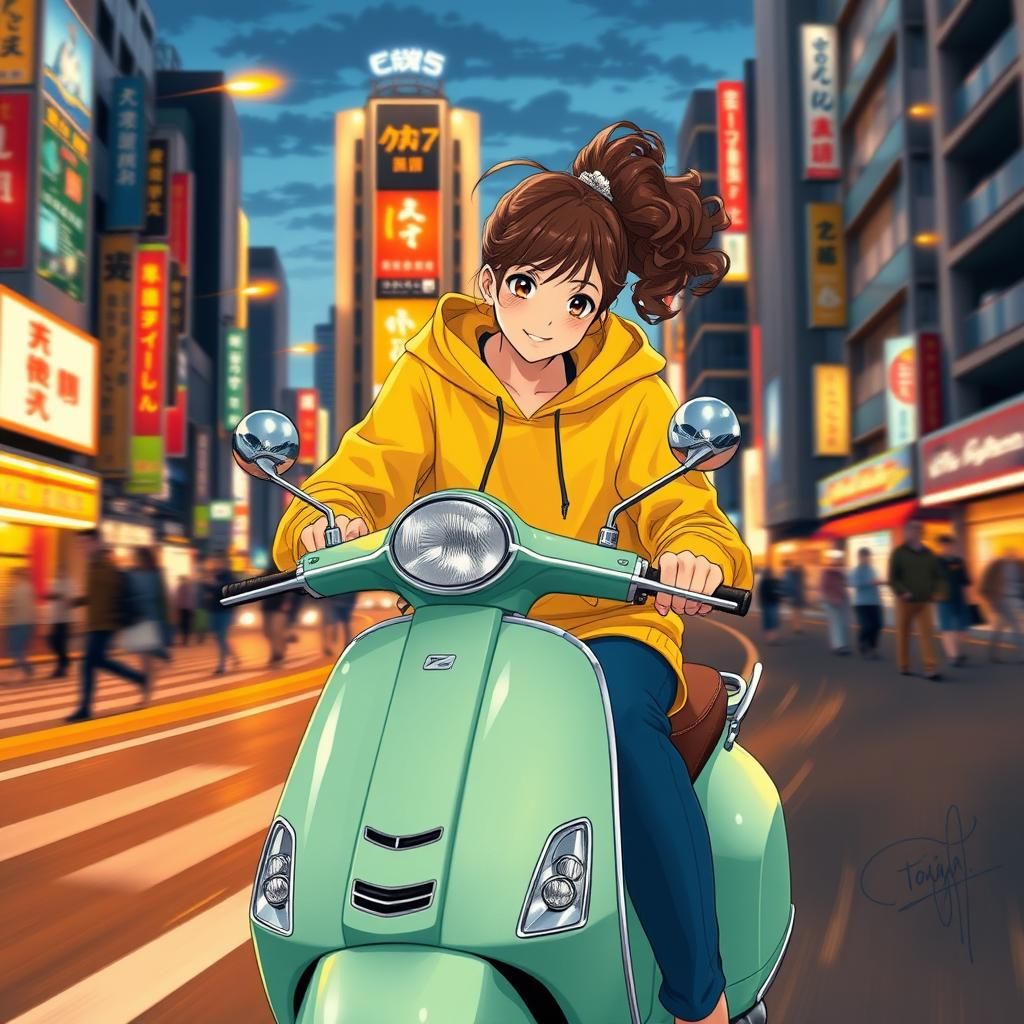 Moe Girl Rides Scooter Through Tokyo: Anime Style