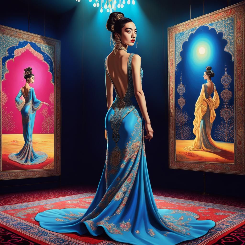 Elegant Beauty Dancing Under Neon Lights, Surrealist Art