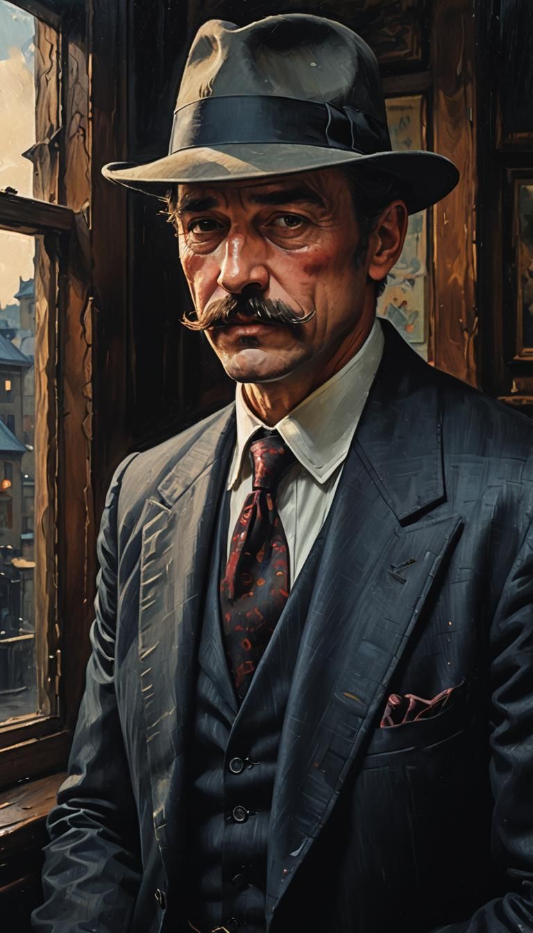 Close-Up Portrait of Man in Fedora, Gouache Style