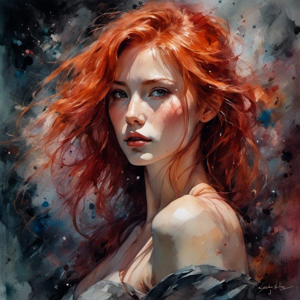 <lora:naturx smile:1.0>detailed oil painting of shirtless chest pretty red haired female , less clothes , great anatomy, no shirt, huge ches...