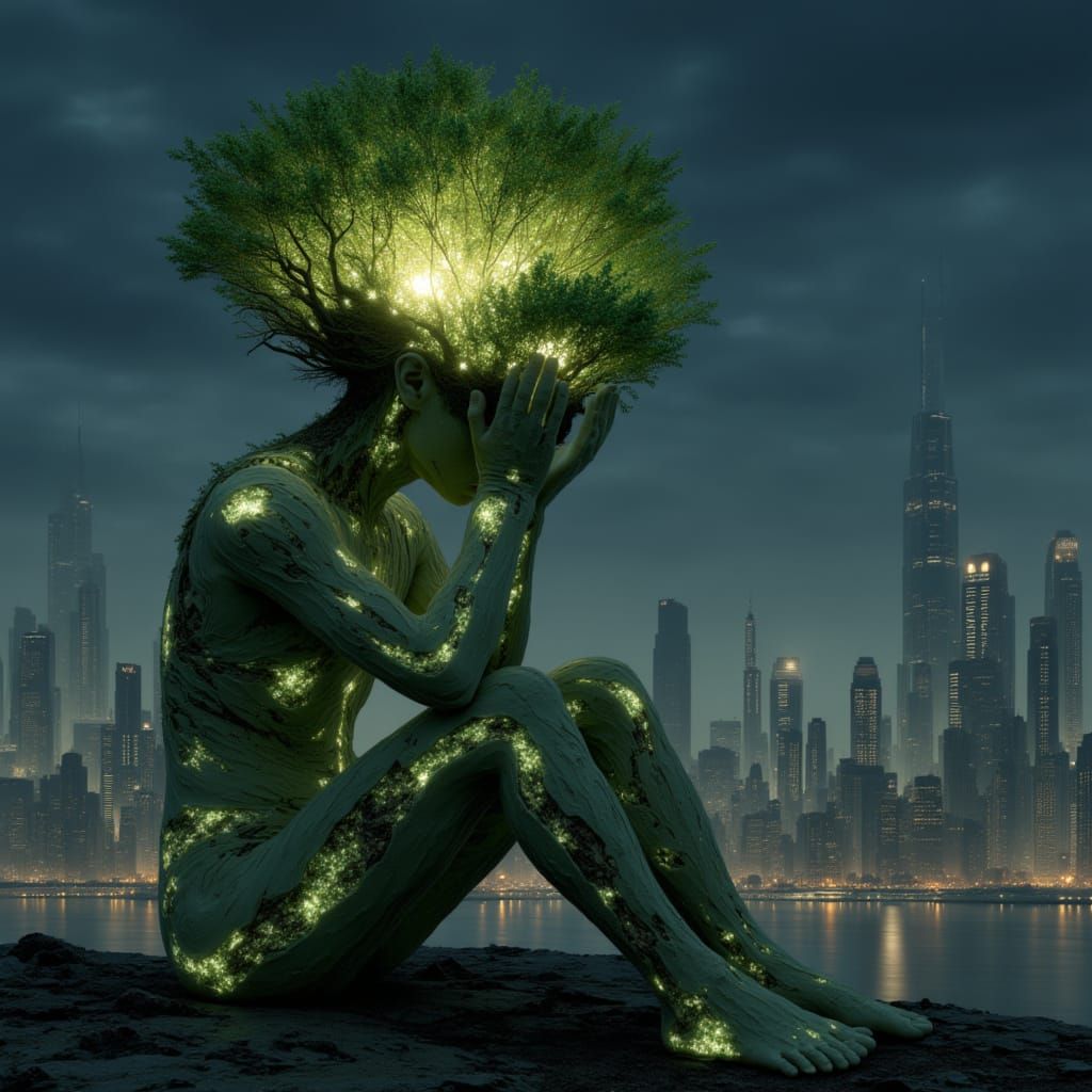 <lora:FerroBlume:1.0> a surreal digital artwork of an enigmatic figure, half human and the other side tree-like with glowing highlights on t...
